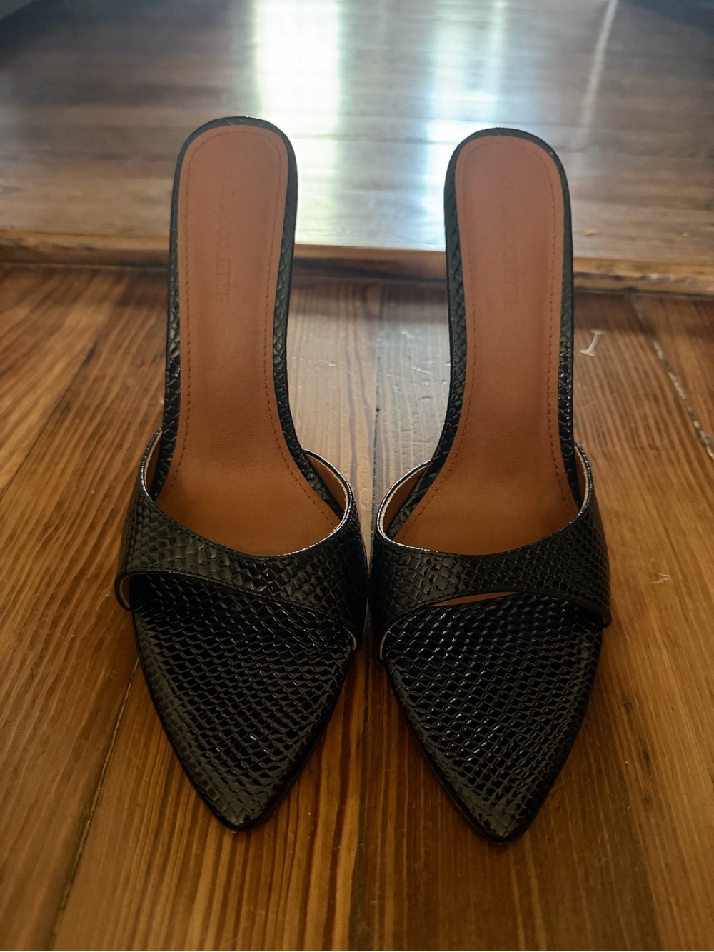 Black Textured Pointed-Toe Slip-On Heels